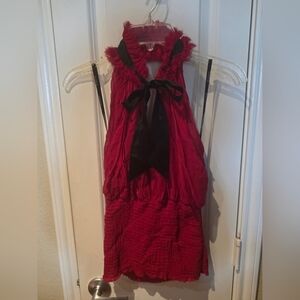 BEBE Red Sleeveless Ruffled Halter Dress with Black Bow Small
